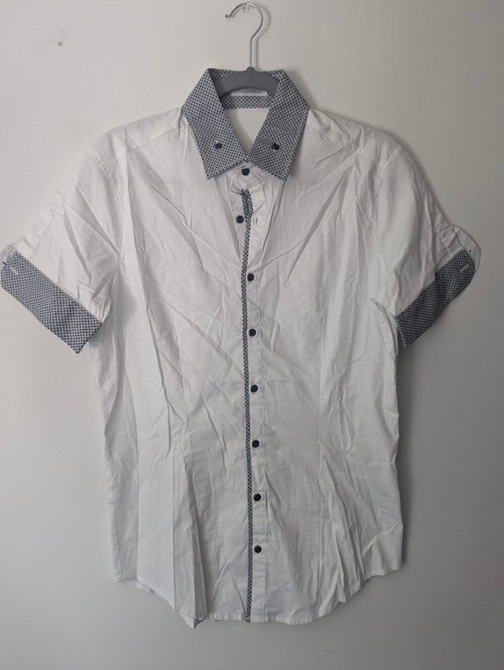 Italian Designer White Button-Up Shirt Men’s Small Slim Fit Blue Contrast Trim